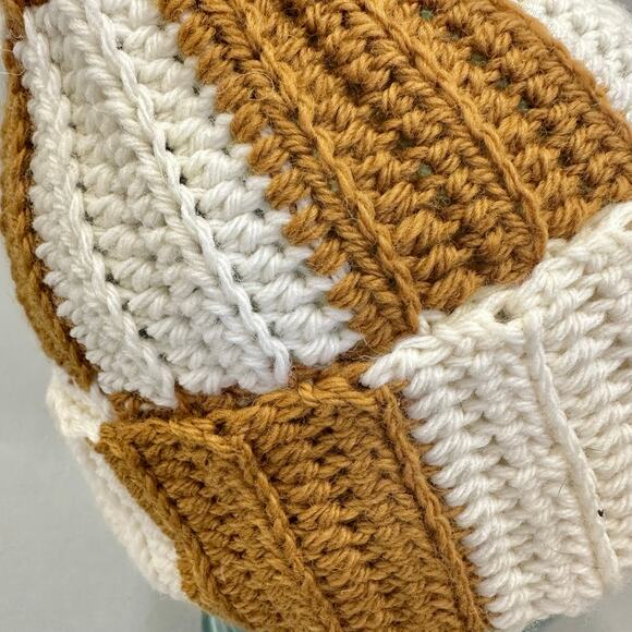 Handmade knit colorblock ivory and golden mustard checkered  stocking hat beanie main image 6